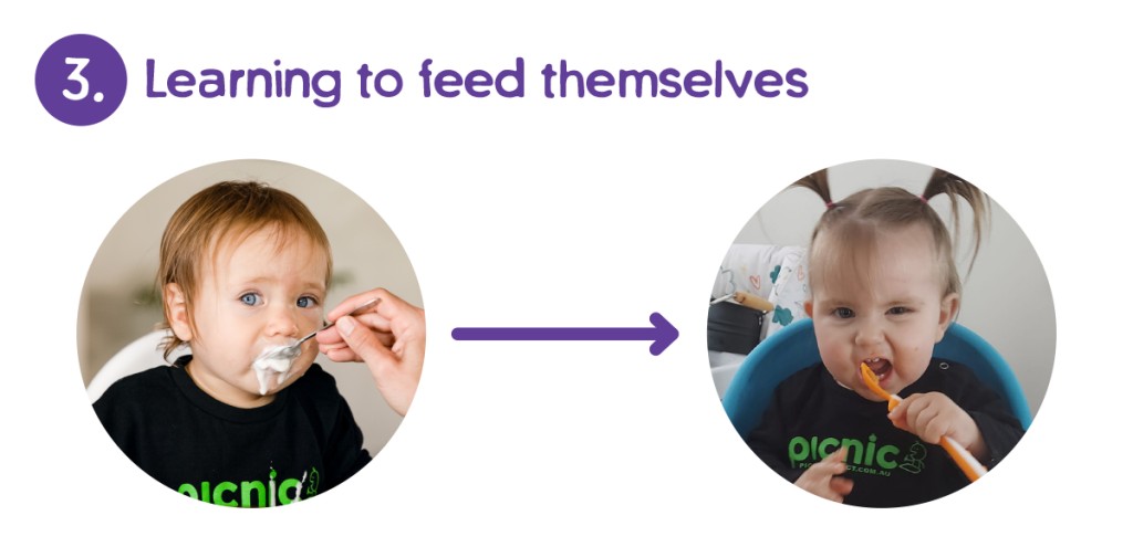 Babies move from being fed to feeding themselves.
