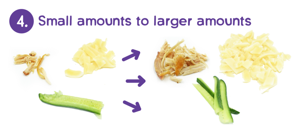 Babies increase from small amounts to larger amounts of food.