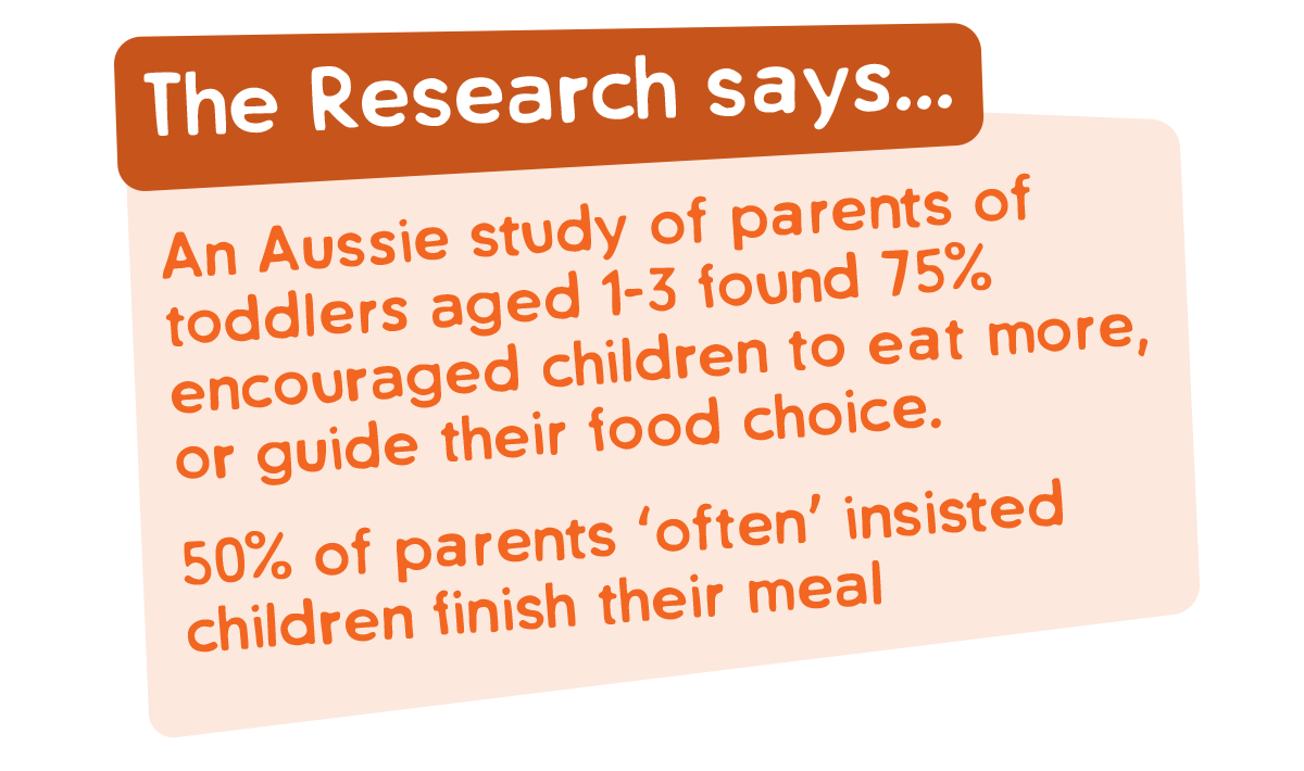 The research says - an Aussie study of parents found 75% encouraged children to eat more, or guide their food choice. 50% of parents 'often' insisted children finish their meal.