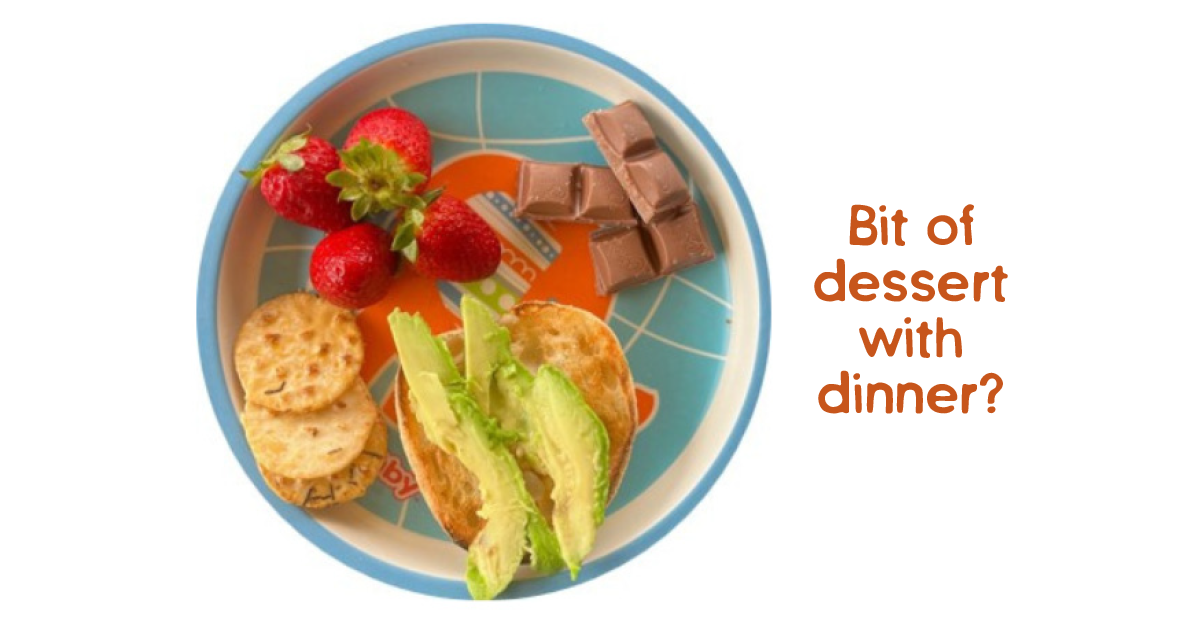 Dinner with chocolate on plate. " Bit of dessert with dinner?