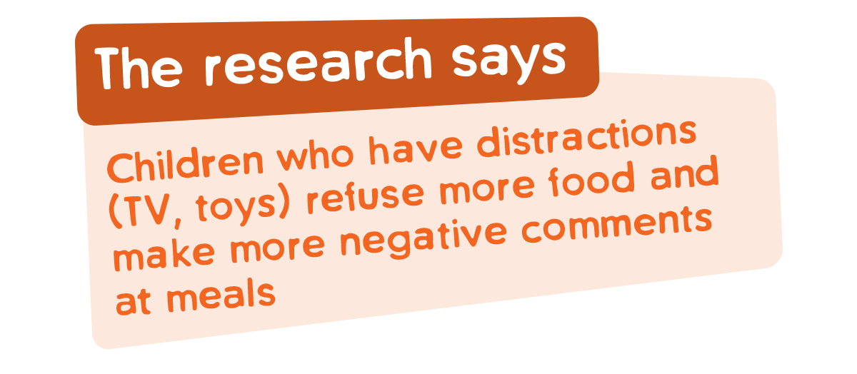 Children who have distractions (TV, toys) refuse more food and make more negative comments at meals