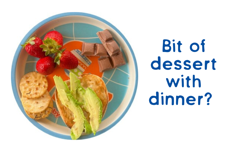 Dinner with chocolate on plate. " Bit of dessert with dinner?"