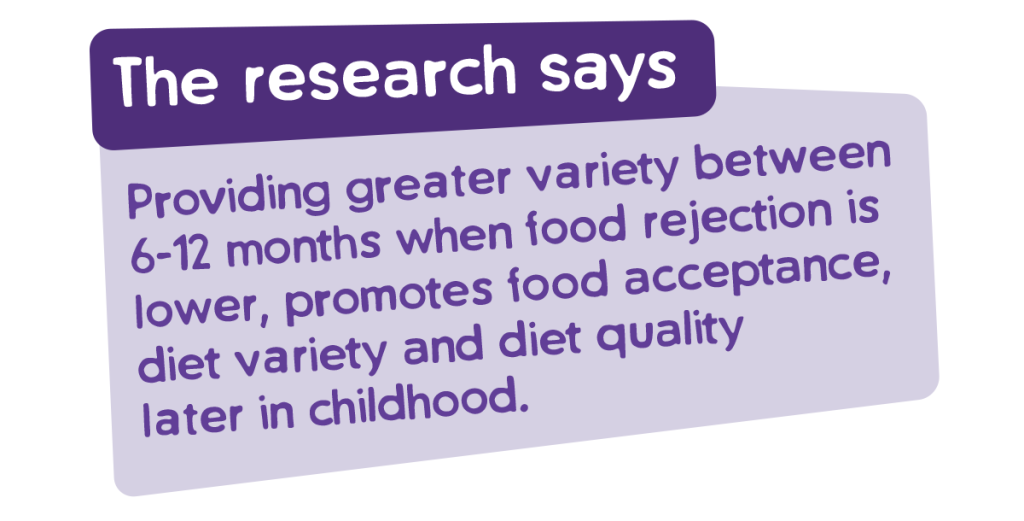 Providing greater variety between 6-12 months promotes food acceptance and diet quality later in childhood. 