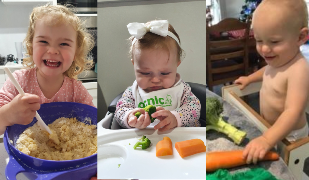 Three children cooking and playing with food