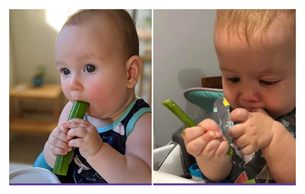 Two babies with celery and asparagus