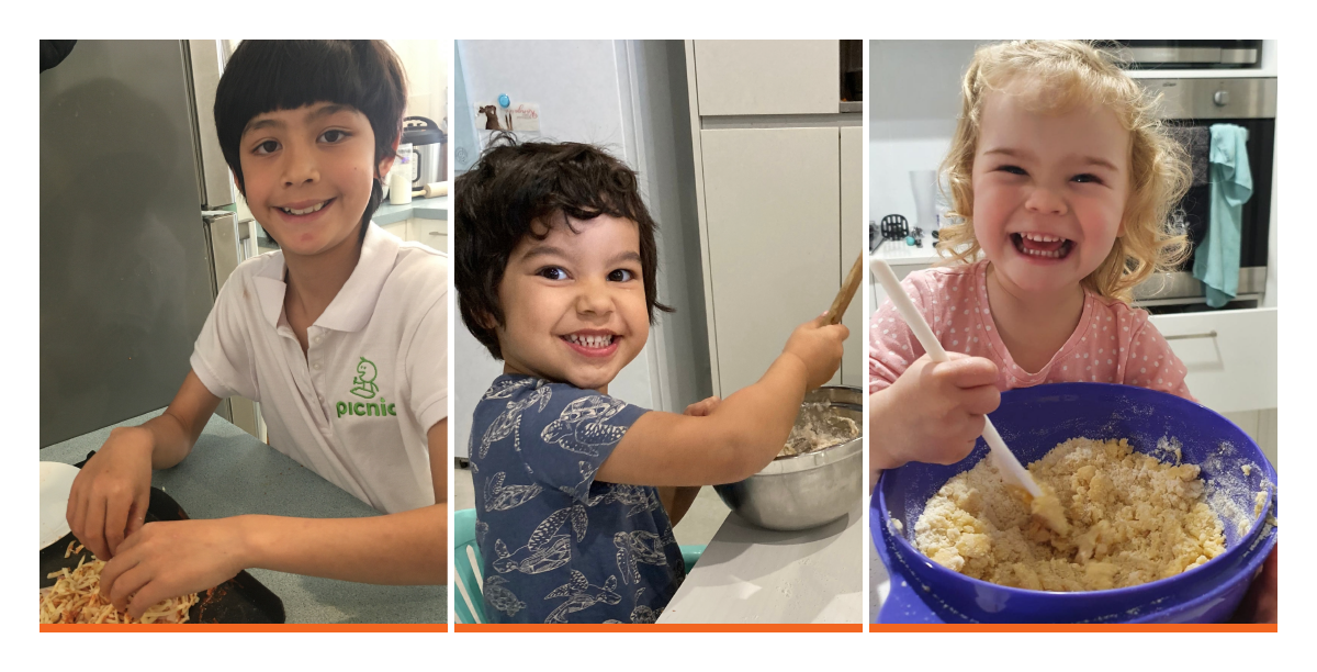 Three children cooking and playing with food