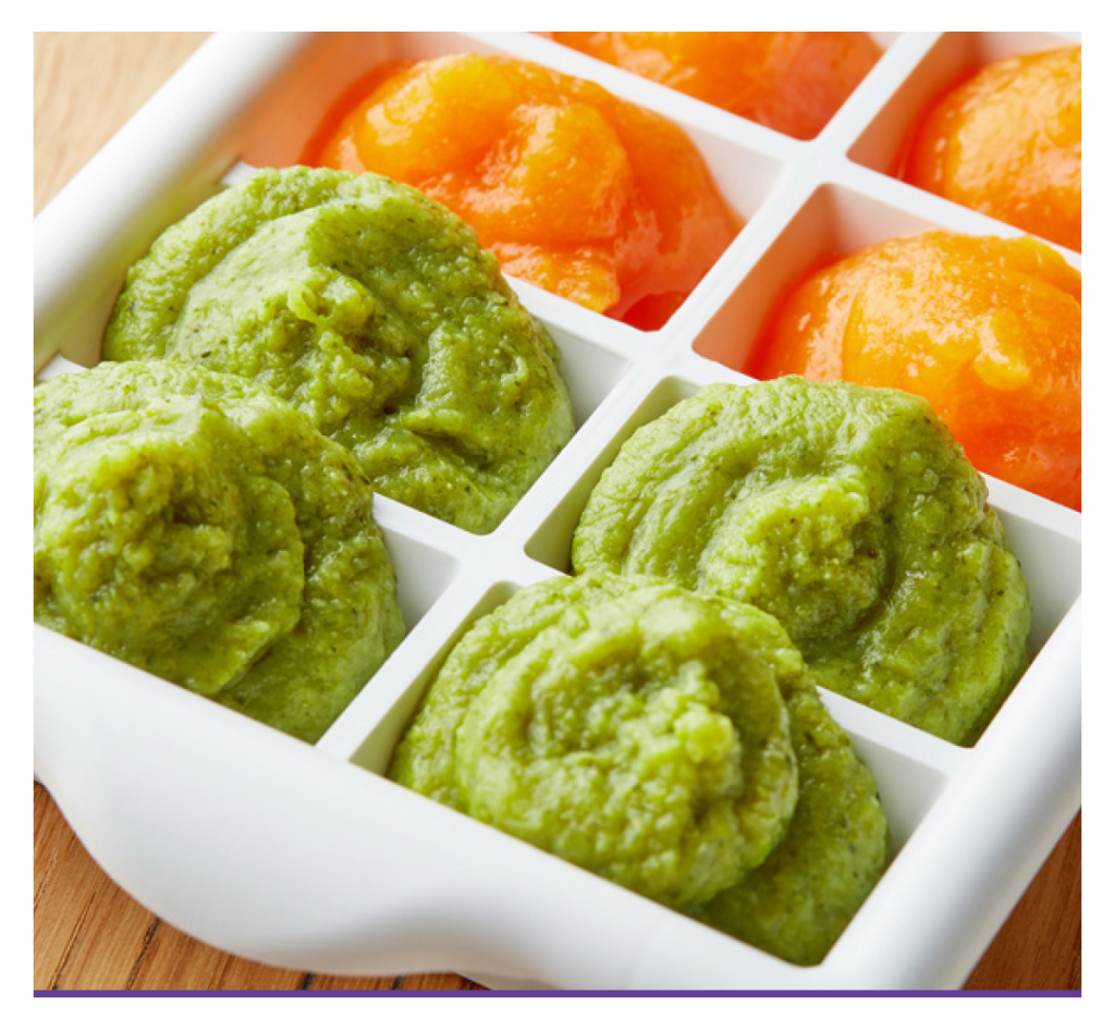 Pre prepared soft foods for baby in ice tray